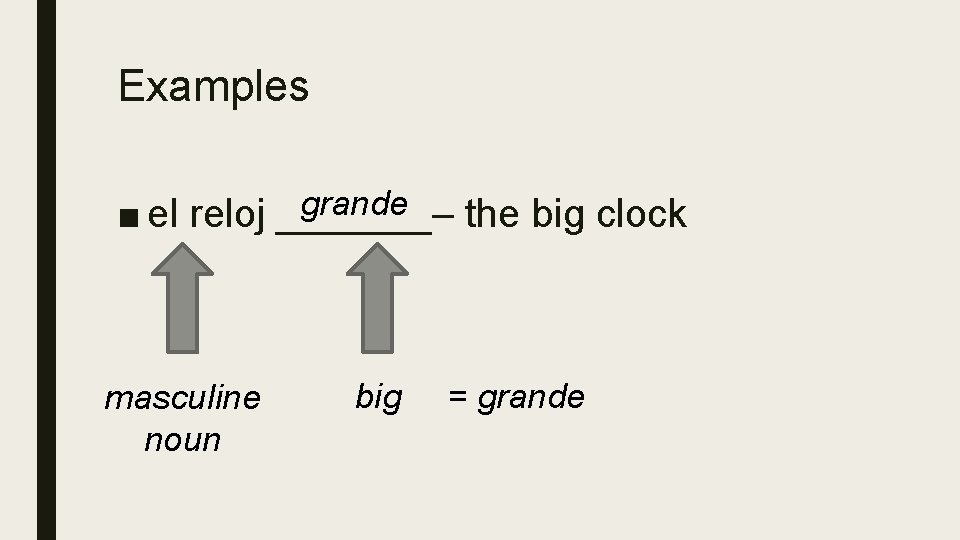 Examples grande ■ el reloj _______– the big clock masculine noun big = grande