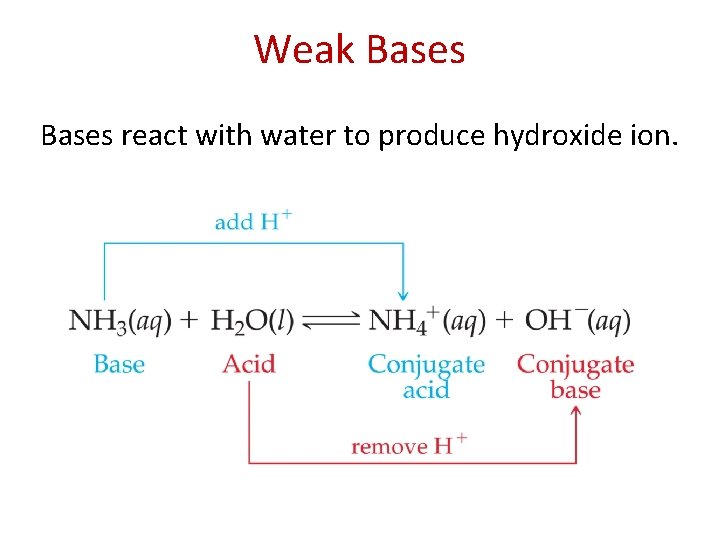 Weak Bases react with water to produce hydroxide ion. 
