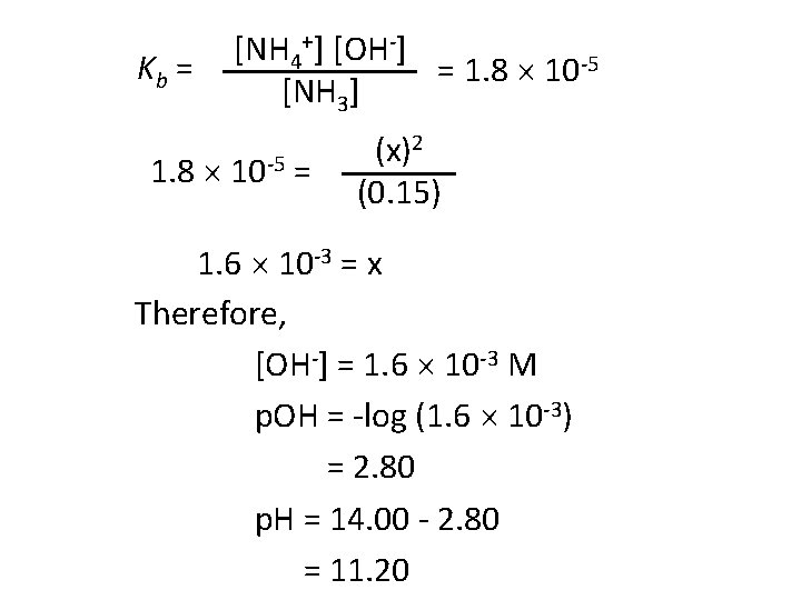 Kb = [NH 4+] [OH-] = 1. 8 10 -5 [NH 3] 1. 8