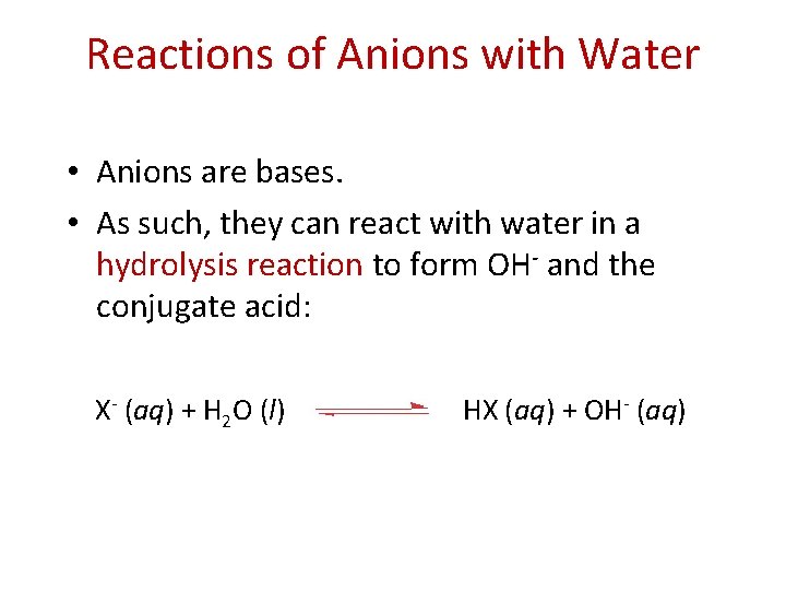 Reactions of Anions with Water • Anions are bases. • As such, they can