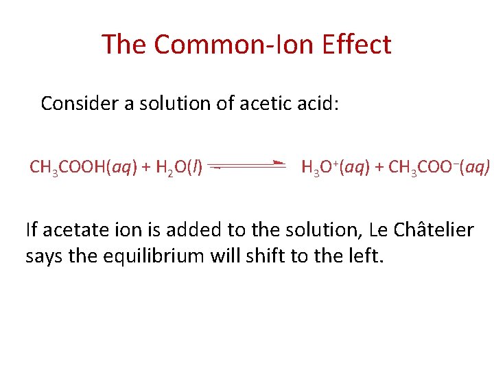 The Common-Ion Effect Consider a solution of acetic acid: CH 3 COOH(aq) + H
