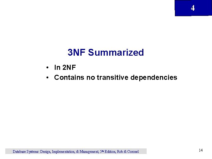 4 3 NF Summarized • In 2 NF • Contains no transitive dependencies Database 4 3 NF Summarized • In 2 NF • Contains no transitive dependencies Database