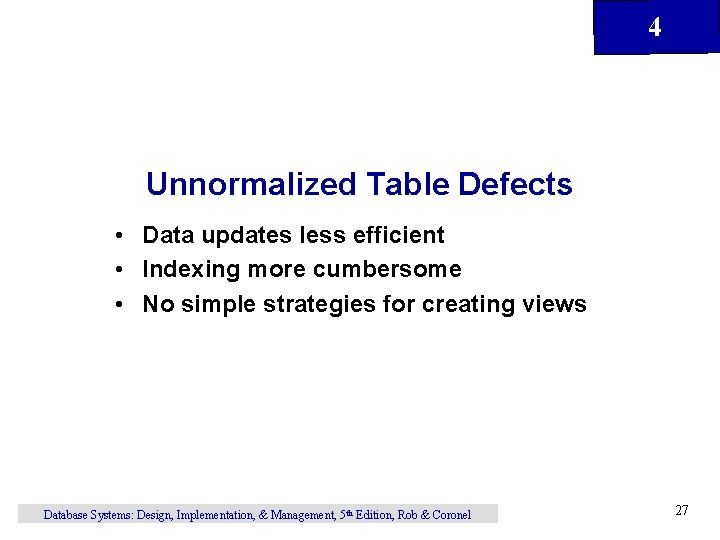 4 Unnormalized Table Defects • Data updates less efficient • Indexing more cumbersome • 4 Unnormalized Table Defects • Data updates less efficient • Indexing more cumbersome •