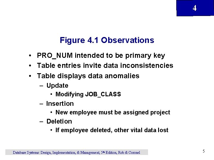 4 Figure 4. 1 Observations • PRO_NUM intended to be primary key • Table