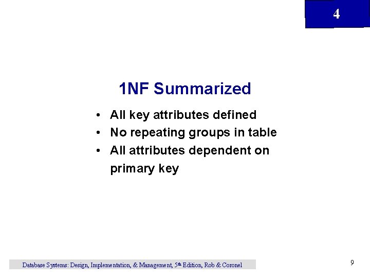 4 1 NF Summarized • All key attributes defined • No repeating groups in 4 1 NF Summarized • All key attributes defined • No repeating groups in