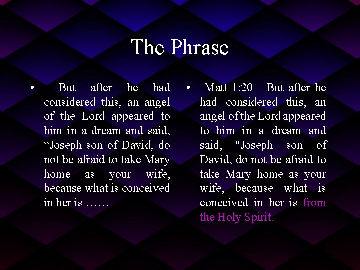 The Phrase • But after he had considered this, an angel of the Lord