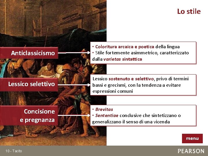 Lo stile Anticlassicismo • Coloritura arcaica e poetica della lingua • Stile fortemente asimmetrico,