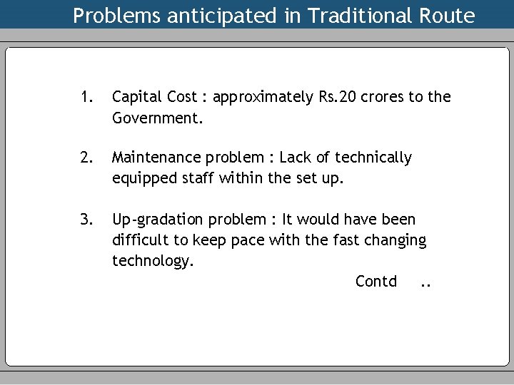 Problems anticipated in Traditional Route 1. Capital Cost : approximately Rs. 20 crores to