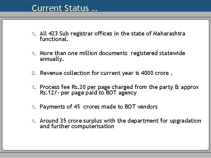 Current Status … 1. All 423 Sub registrar offices in the state of Maharashtra