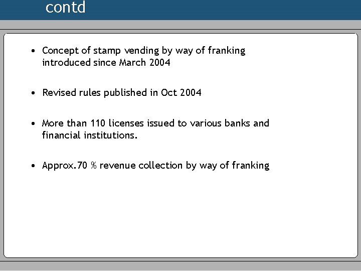 contd • Concept of stamp vending by way of franking introduced since March 2004