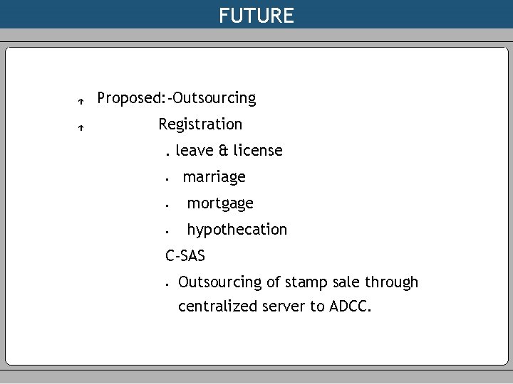 FUTURE é é Proposed: -Outsourcing Registration. leave & license • marriage • mortgage •