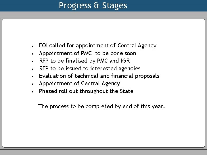 Progress & Stages • • EOI called for appointment of Central Agency Appointment of
