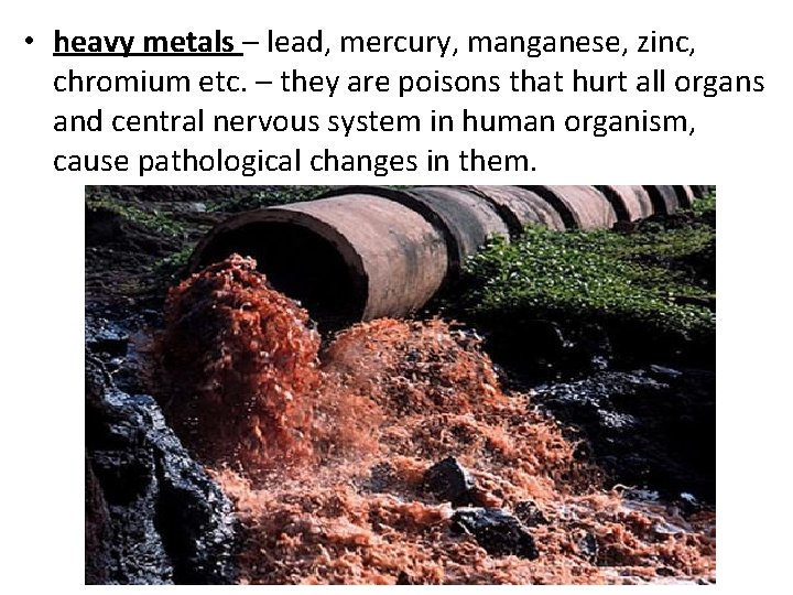  • heavy metals – lead, mercury, manganese, zinc, chromium etc. – they are