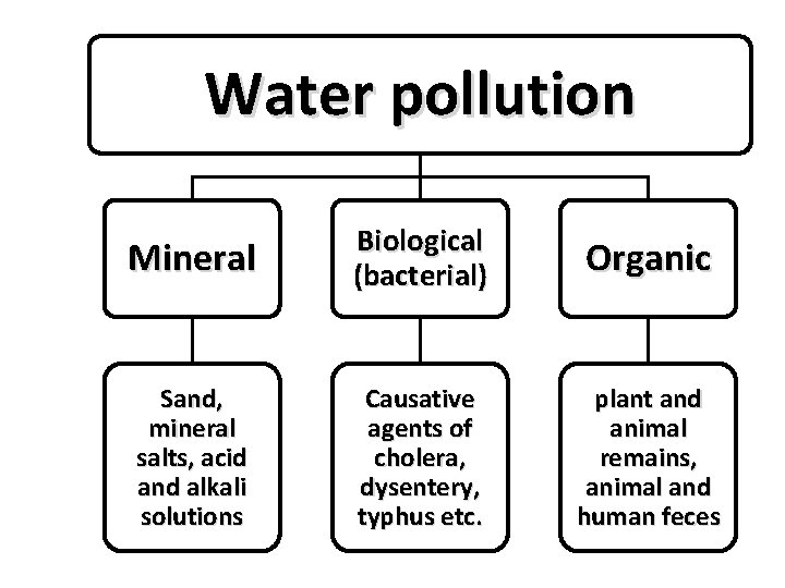 Water pollution Mineral Biological (bacterial) Organic Sand, mineral salts, acid and alkali solutions Causative