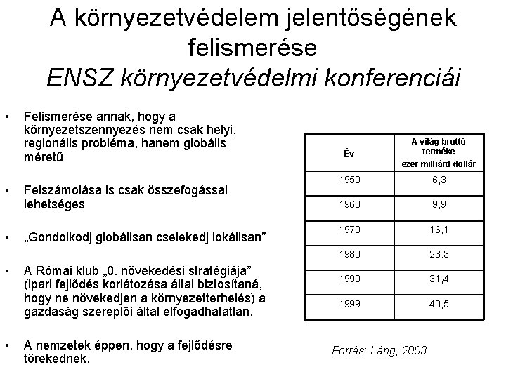 A környezetvédelem jelentőségének felismerése ENSZ környezetvédelmi konferenciái • • • Felismerése annak, hogy a