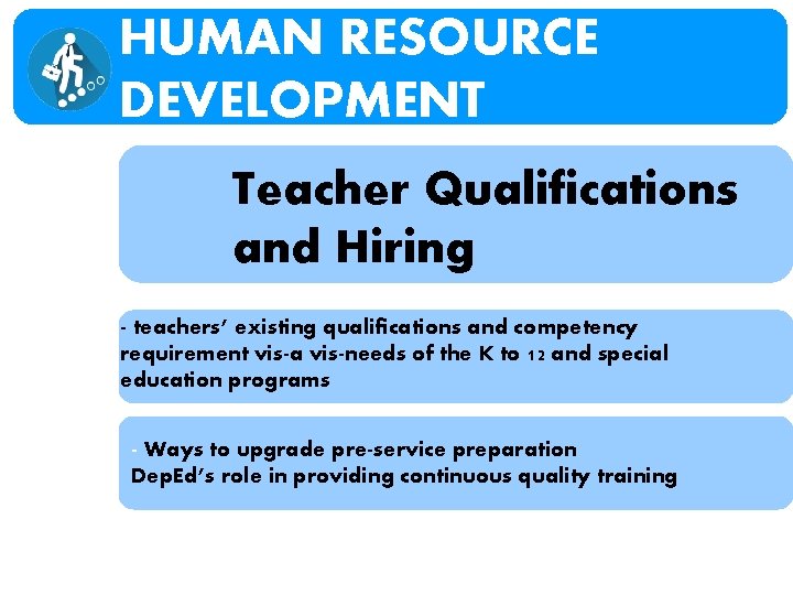 HUMAN RESOURCE DEVELOPMENT Teacher Qualifications and Hiring - teachers’ existing qualifications and competency requirement