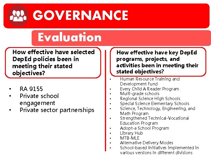 GOVERNANCE Evaluation How effective have selected Dep. Ed policies been in meeting their stated