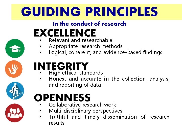 GUIDING PRINCIPLES In the conduct of research EXCELLENCE • Relevant and researchable • •