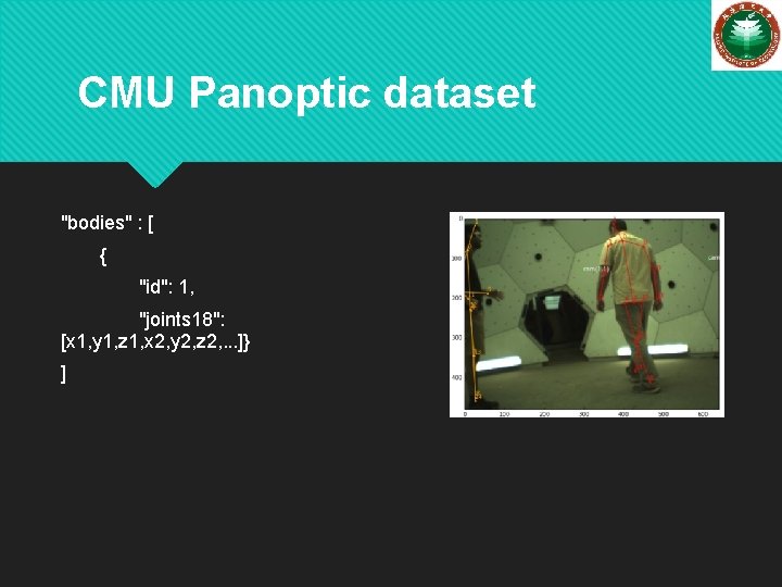 CMU Panoptic dataset "bodies" : [ { "id": 1, "joints 18": [x 1, y