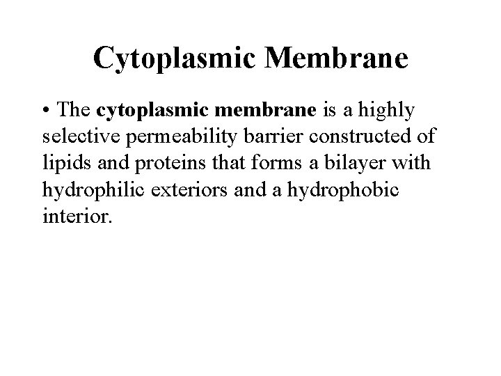 Cytoplasmic Membrane • The cytoplasmic membrane is a highly selective permeability barrier constructed of
