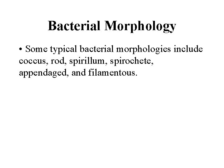Bacterial Morphology • Some typical bacterial morphologies include coccus, rod, spirillum, spirochete, appendaged, and