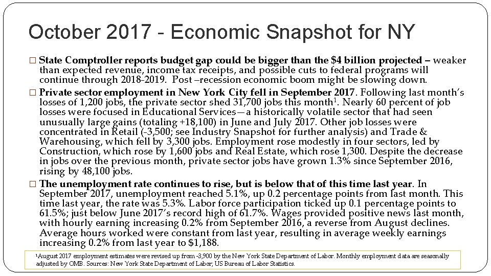 October 2017 - Economic Snapshot for NY � State Comptroller reports budget gap could