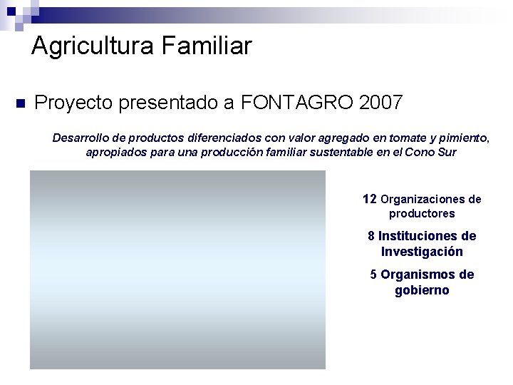 Agricultura Familiar n Proyecto presentado a FONTAGRO 2007 Desarrollo de productos diferenciados con valor Agricultura Familiar n Proyecto presentado a FONTAGRO 2007 Desarrollo de productos diferenciados con valor