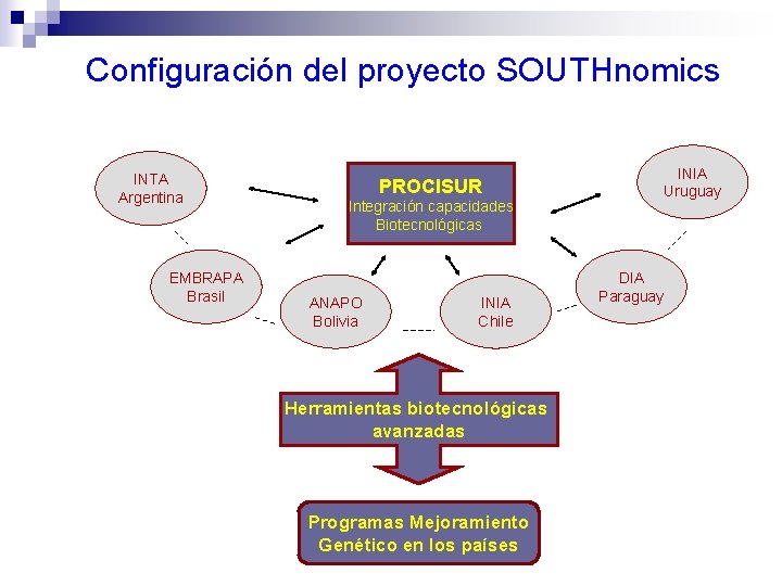 Configuración del proyecto SOUTHnomics INTA Argentina EMBRAPA Brasil INIA Uruguay PROCISUR Integración capacidades Biotecnológicas Configuración del proyecto SOUTHnomics INTA Argentina EMBRAPA Brasil INIA Uruguay PROCISUR Integración capacidades Biotecnológicas