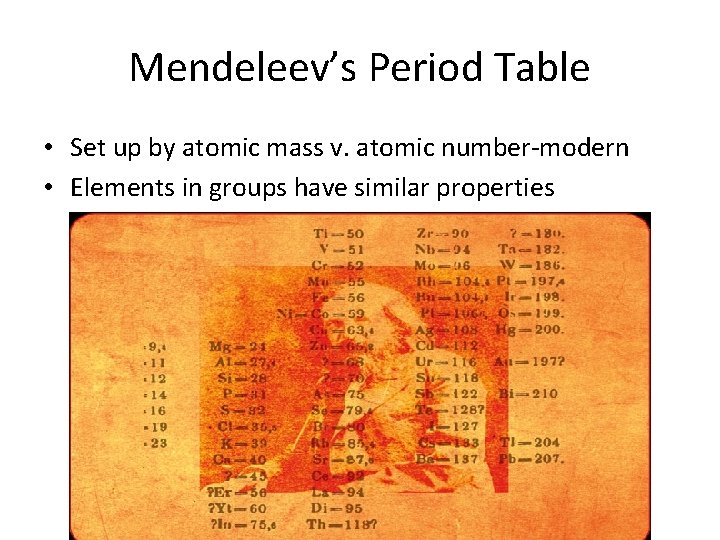 Mendeleev’s Period Table • Set up by atomic mass v. atomic number-modern • Elements