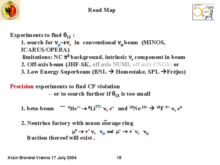 Road Map Experiments to find 13 : 1. search for e in conventional beam