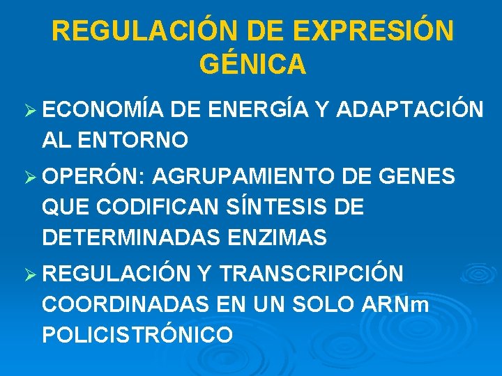 REGULACIÓN DE EXPRESIÓN GÉNICA Ø ECONOMÍA DE ENERGÍA Y ADAPTACIÓN AL ENTORNO Ø OPERÓN: