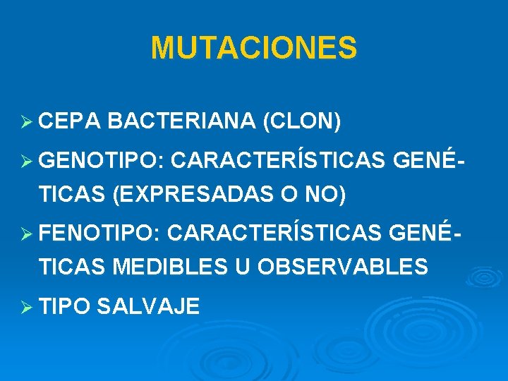 MUTACIONES Ø CEPA BACTERIANA (CLON) Ø GENOTIPO: CARACTERÍSTICAS GENÉ- TICAS (EXPRESADAS O NO) Ø