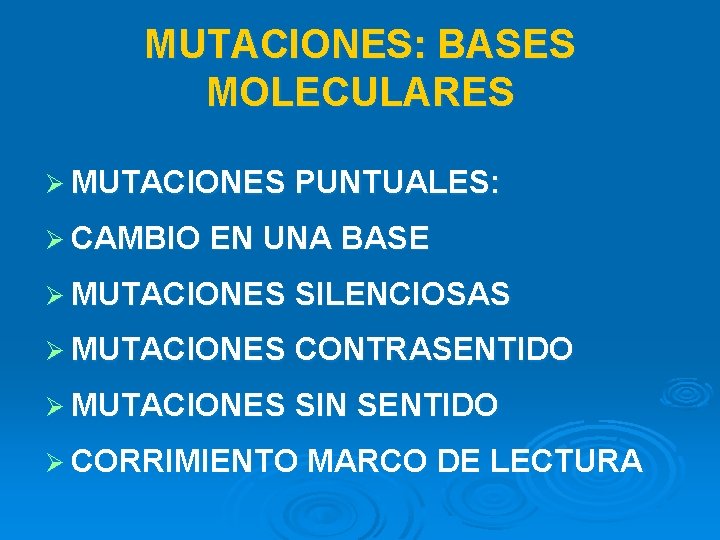 MUTACIONES: BASES MOLECULARES Ø MUTACIONES PUNTUALES: Ø CAMBIO EN UNA BASE Ø MUTACIONES SILENCIOSAS