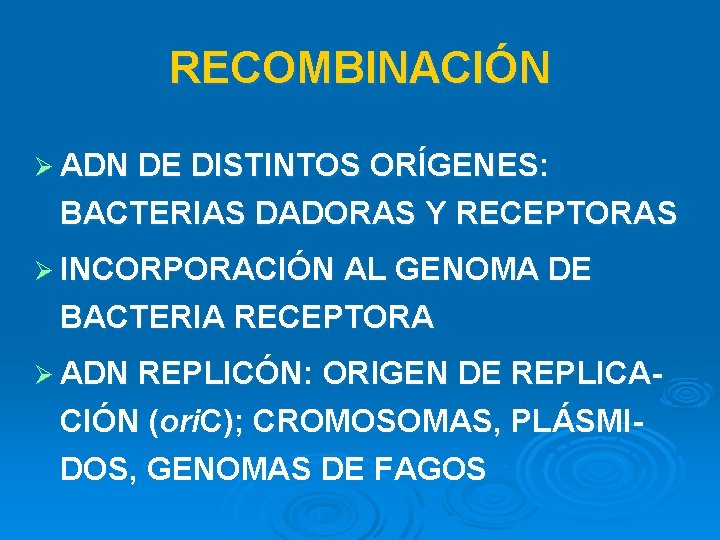 RECOMBINACIÓN Ø ADN DE DISTINTOS ORÍGENES: BACTERIAS DADORAS Y RECEPTORAS Ø INCORPORACIÓN AL GENOMA