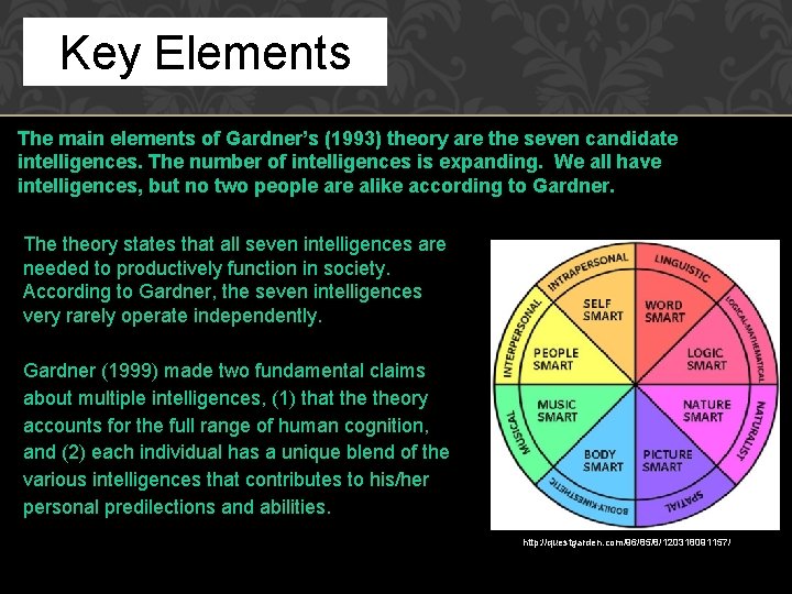 Key Elements The main elements of Gardner’s (1993) theory are the seven candidate intelligences.