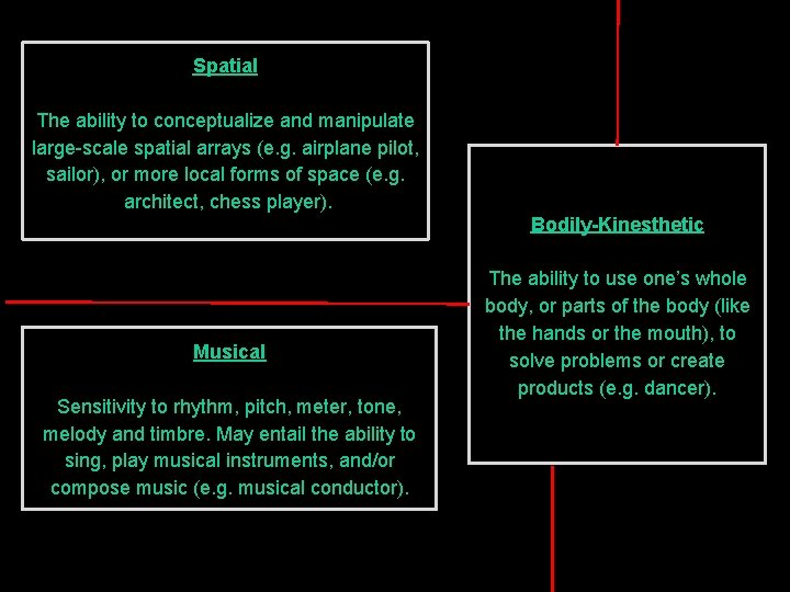 Spatial The ability to conceptualize and manipulate large-scale spatial arrays (e. g. airplane pilot,