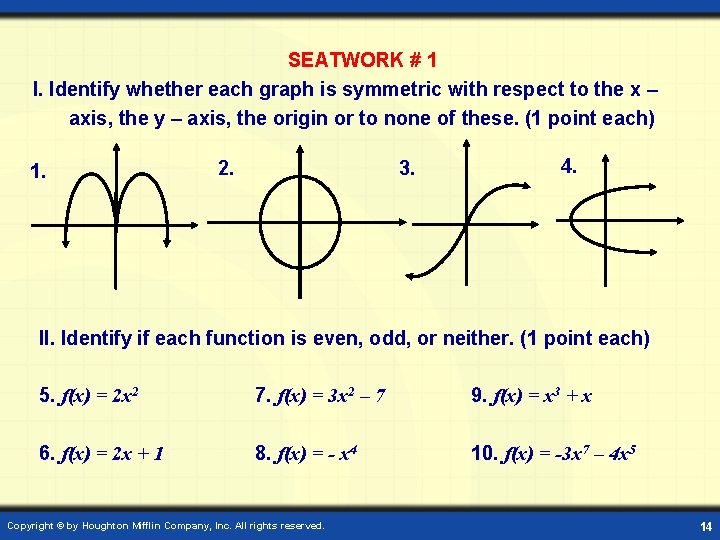 SEATWORK # 1 I. Identify whether each graph is symmetric with respect to the