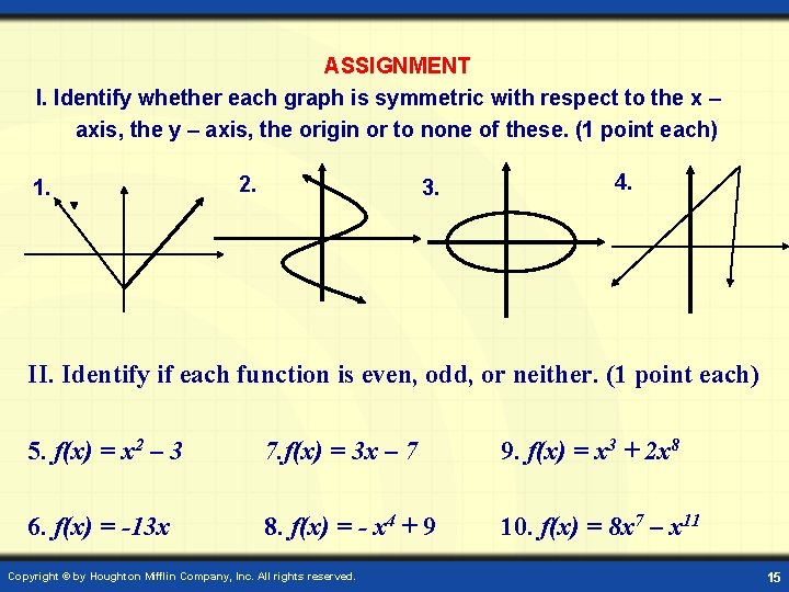 ASSIGNMENT I. Identify whether each graph is symmetric with respect to the x –