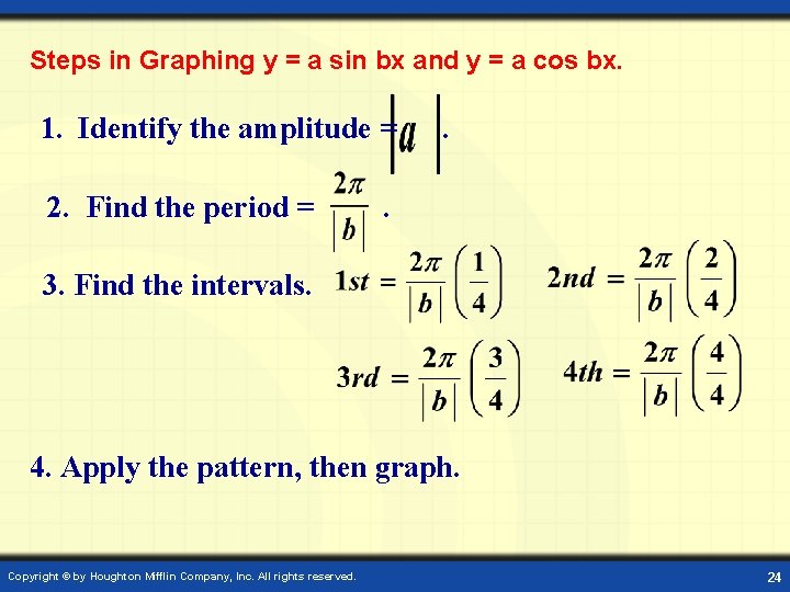 Steps in Graphing y = a sin bx and y = a cos bx.