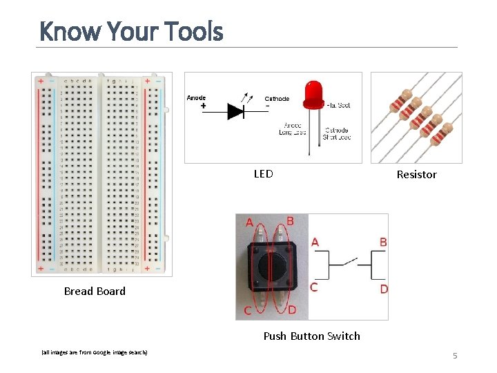 Know Your Tools LED Resistor Bread Board Push Button Switch (all images are from