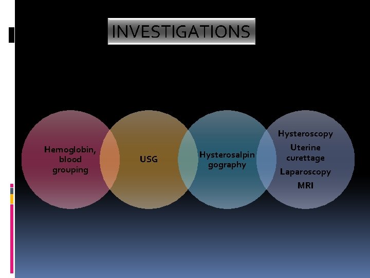 INVESTIGATIONS Hemoglobin, blood grouping USG Hysterosalpin gography Hysteroscopy Uterine curettage Laparoscopy MRI 