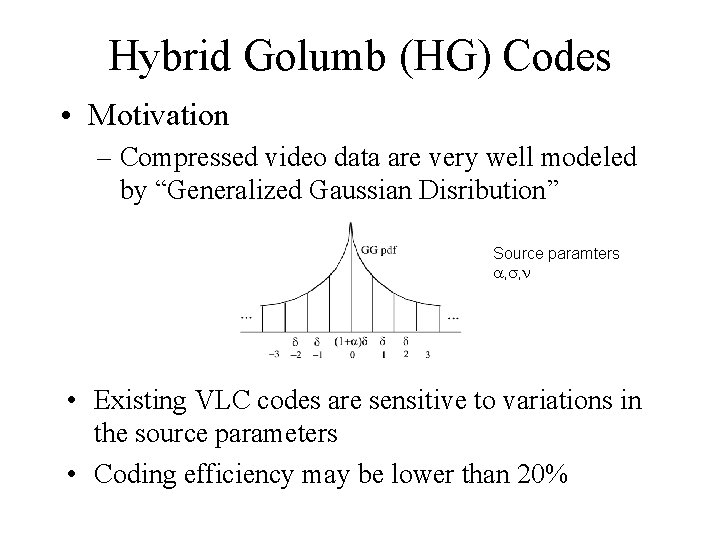 Hybrid Golumb (HG) Codes • Motivation – Compressed video data are very well modeled