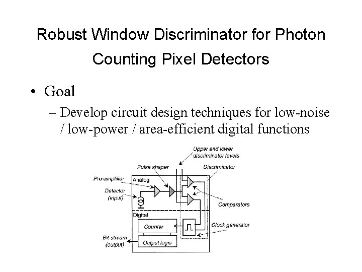 Robust Window Discriminator for Photon Counting Pixel Detectors • Goal – Develop circuit design