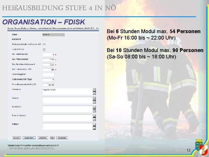 HEIßAUSBILDUNG STUFE 4 IN NÖ ORGANISATION – FDISK Bei 6 Stunden Modul max. 54