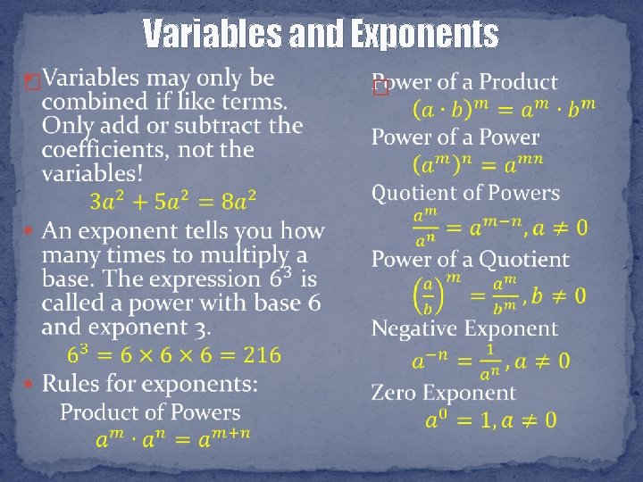 Variables and Exponents � � 