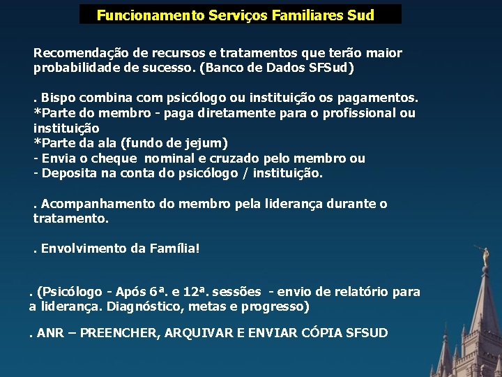 FUNCIONAMENTO SERVIÇOS FAMILIARES SUD Sud Funcionamento Serviços Familiares Recomendação de recursos e tratamentos que