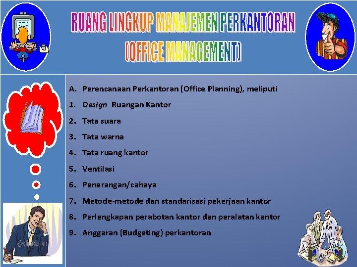 A. Perencanaan Perkantoran (Office Planning), meliputi 1. Design Ruangan Kantor 2. Tata suara 3.