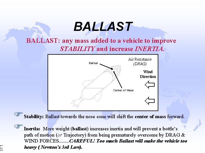 BALLAST: any mass added to a vehicle to improve STABILITY and increase INERTIA. Ballast