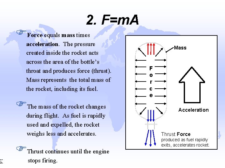 2. F=m. A FForce equals mass times acceleration. The pressure created inside the rocket