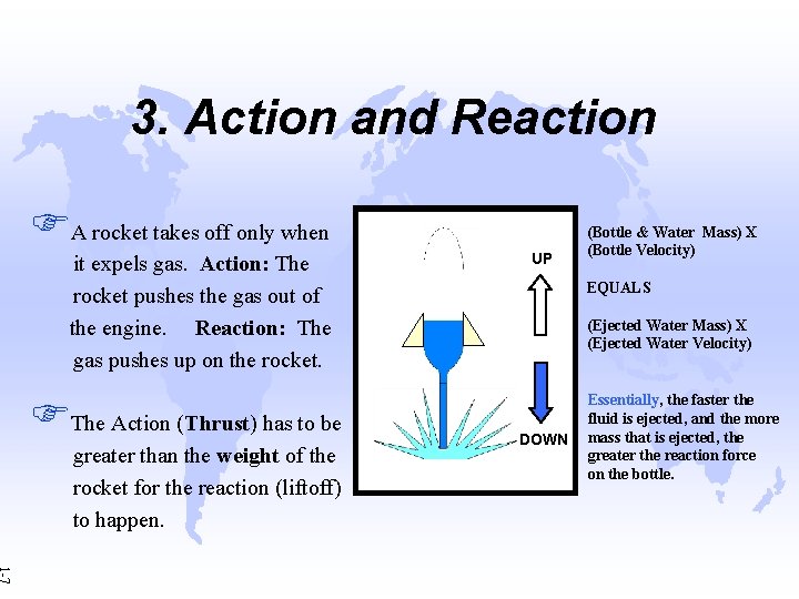 3. Action and Reaction FA rocket takes off only when it expels gas. Action: